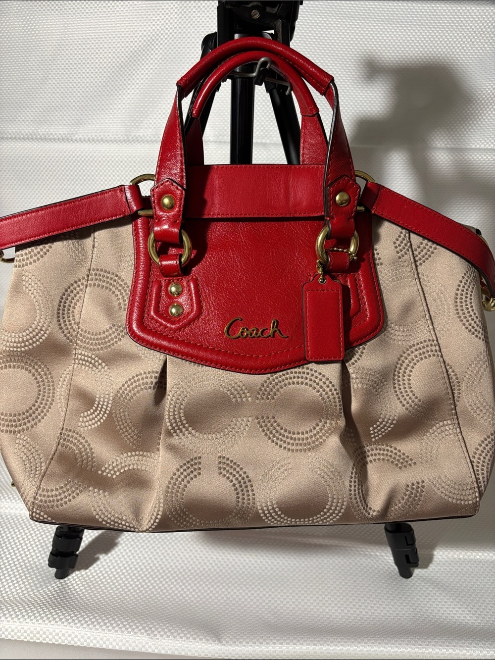 Coach Beige Signature Satchel with Red Leather Trim